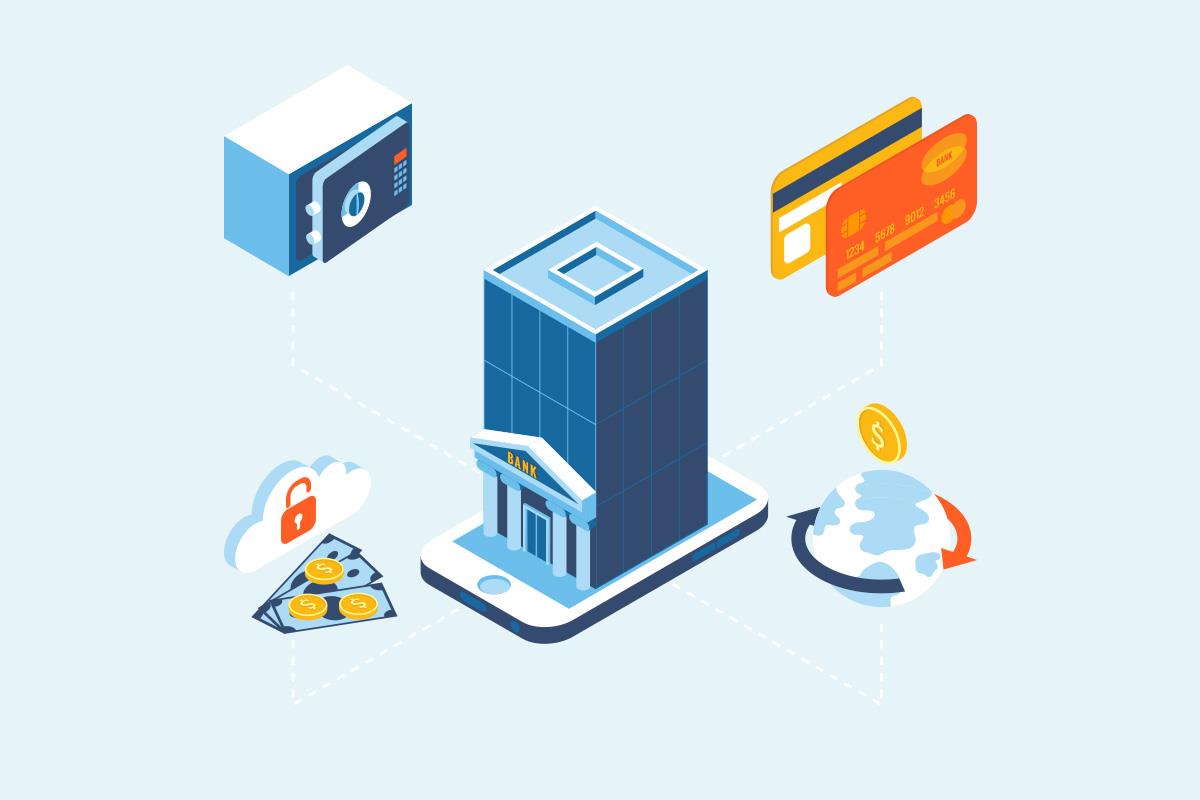 illustration showing financial connects including safe, bank, credit cards and global spending